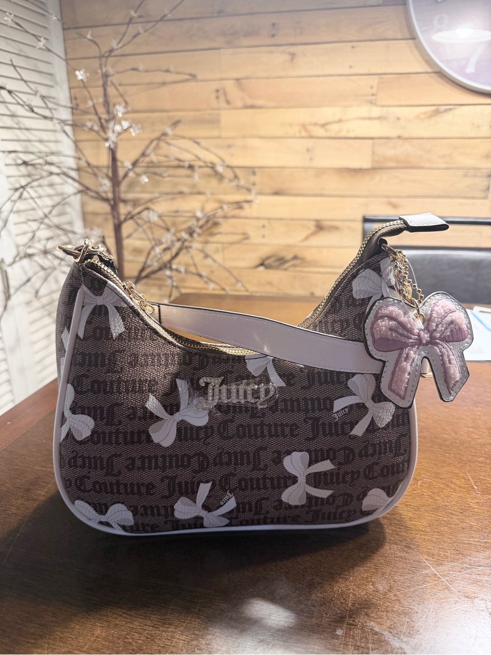 Juicy Couture Brown & Pink Bow Charm Shoulder Bag